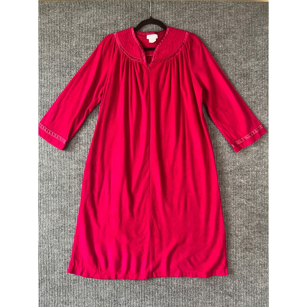 Vintage 70s Appel Red Brushed Robe Large Union Made Housecoat Loungewear Zip Up